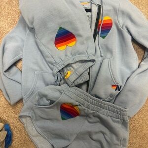Aviator Nation Light Blue Track Pants with Rainbow Heart